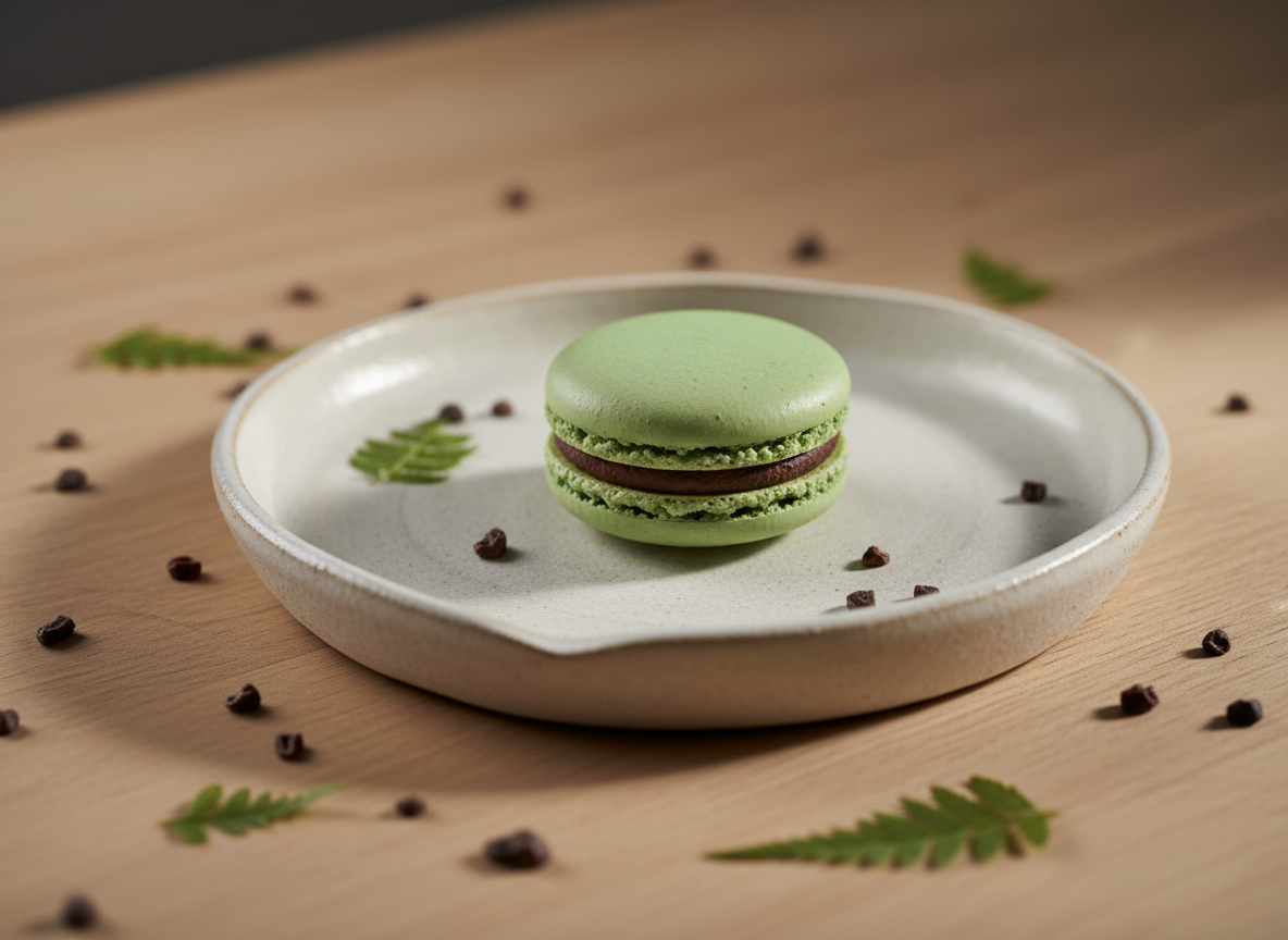 Close-up of a single artisanal macaron in a muted pistachio hue with understated chocolate ganache filling, placed on a finely textured ceramic plate with gently curved edges. The plate rests on a natural wood table scattered with tiny cocoa nibs and a few fern leaves for an exotic touch. Ambient daylight streams in from one side, producing nuanced gradients and gentle shadows that emphasize the macaron’s smooth contours and the subtle speckle of its shell. The aesthetic is minimalist and elegant with a soft, harmonious palette, shot with a shallow depth of field and a focus on tactile detail that captures the store’s exquisite, sophisticated spirit.